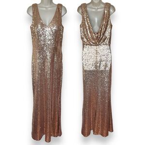 Revelry Dakota Rose Gold Sequin Gown V Neck Draped Scoop Open Back Women 16